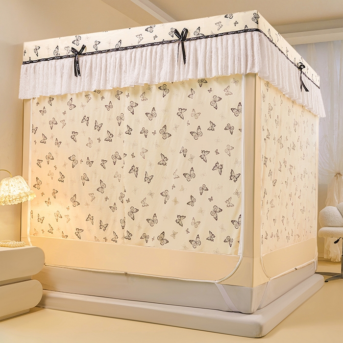 91家纺网 家纺一手货源 找家纺 锦逸家居 2026新款遮光坐床蚊帐 蝴蝶结-米黄（不带遮光帘款）