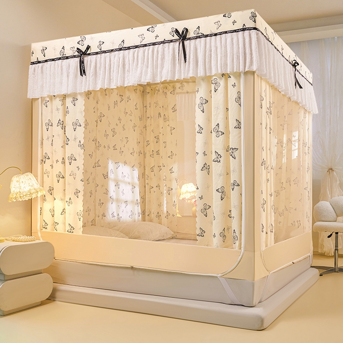 91家纺网 家纺一手货源 找家纺 锦逸家居 2026新款遮光坐床蚊帐 蝴蝶结-米黄（不带遮光帘款）