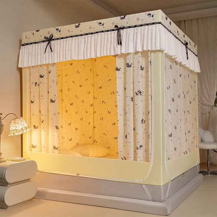 91家纺网 家纺一手货源 找家纺 锦逸家居 2026新款遮光坐床蚊帐 腊肠狗-米黄（带遮光帘款）