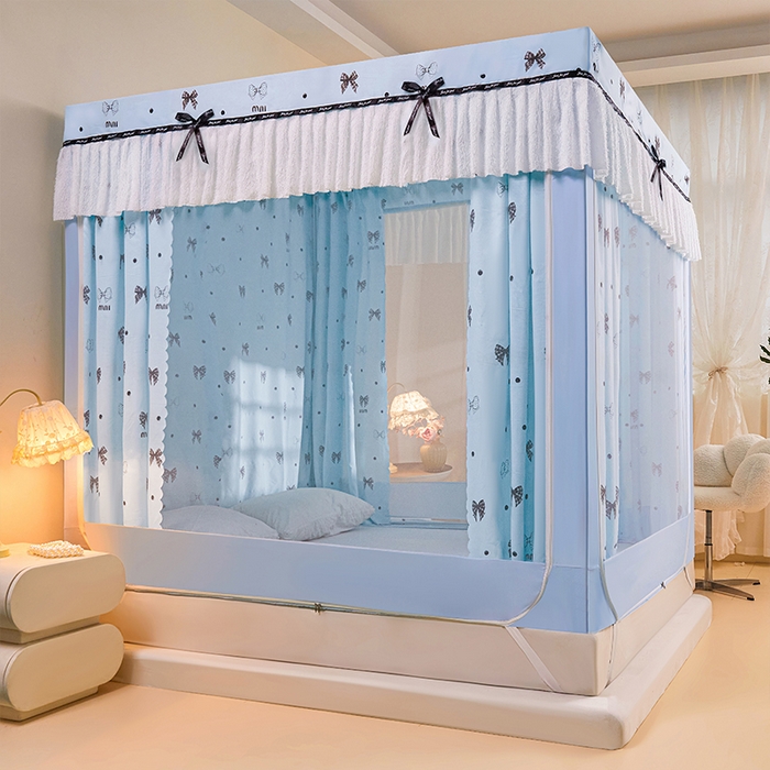 91家纺网 家纺一手货源 找家纺 锦逸家居 2026新款遮光坐床蚊帐 蝴蝶结-蓝（不带遮光帘款）