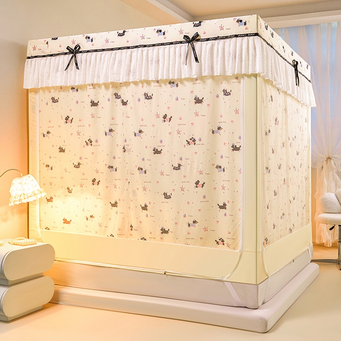91家纺网 家纺一手货源 找家纺 锦逸家居 2026新款遮光坐床蚊帐 腊肠狗-米黄（带遮光帘款）
