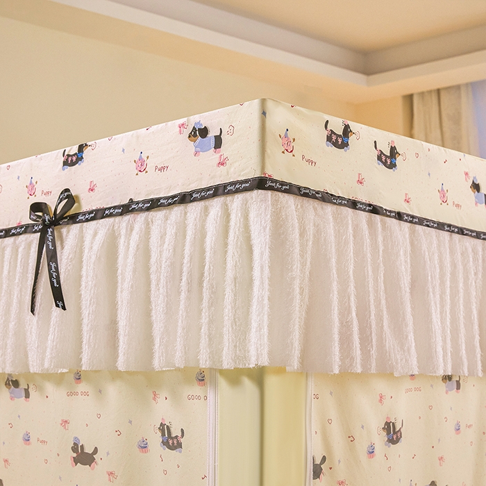 91家纺网 家纺一手货源 找家纺 锦逸家居 2026新款遮光坐床蚊帐 腊肠狗-米黄（不带遮光帘款）