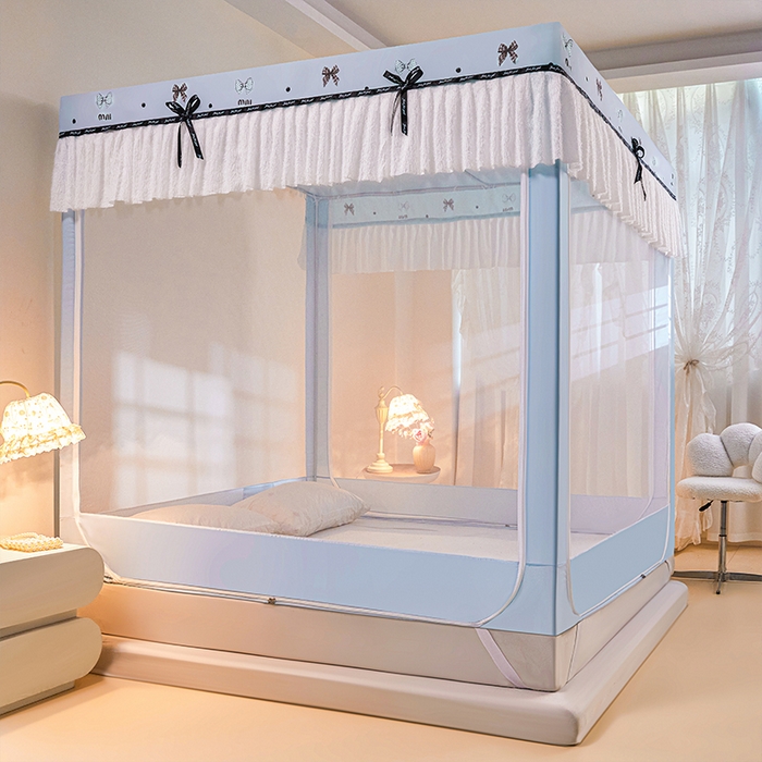 91家纺网 家纺一手货源 找家纺 锦逸家居 2026新款遮光坐床蚊帐 蝴蝶结-蓝（不带遮光帘款）