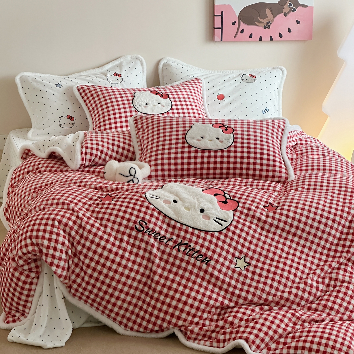 91家纺网 家纺一手货源 找家纺 （总）桃子家居 2026新款A类新年限定兔毛贴布绣猫咪可爱公主兔毛包边工艺款加厚牛奶绒四件套