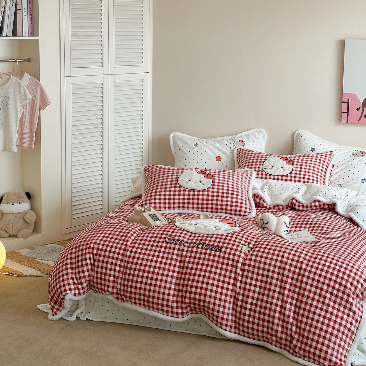 91家纺网 家纺一手货源 找家纺 桃子家居 2026新款A类新年限定兔毛贴布绣猫咪可爱公主兔毛包边工艺款加厚牛奶绒四件套 绒贴布绣-喵喵公主白