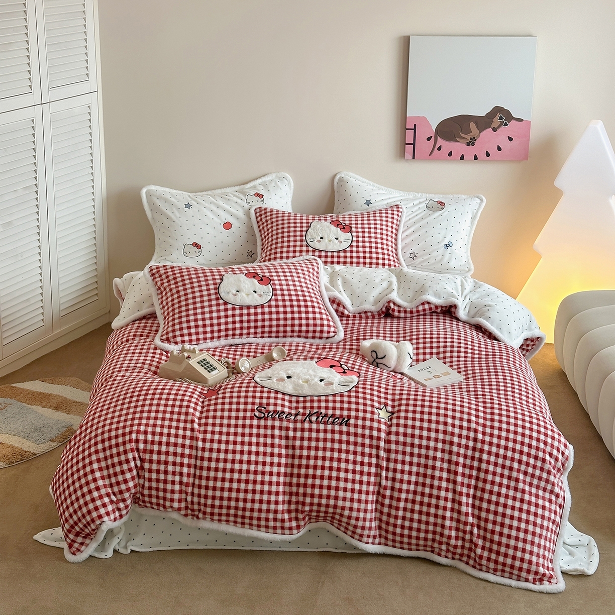 91家纺网 家纺一手货源 找家纺 桃子家居 2026新款A类新年限定兔毛贴布绣猫咪可爱公主兔毛包边工艺款加厚牛奶绒四件套 绒贴布绣-喵喵公主白