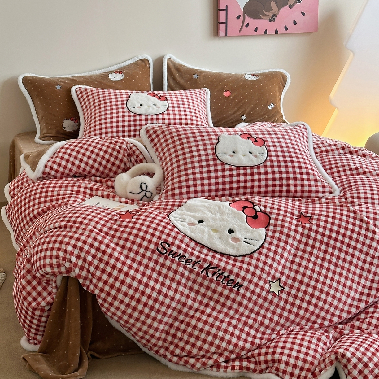 桃子家居 2026新款A类新年限定兔毛贴布绣猫咪可爱公主兔毛包边工艺款加厚牛奶绒四件套 绒贴布绣-喵喵公主咖