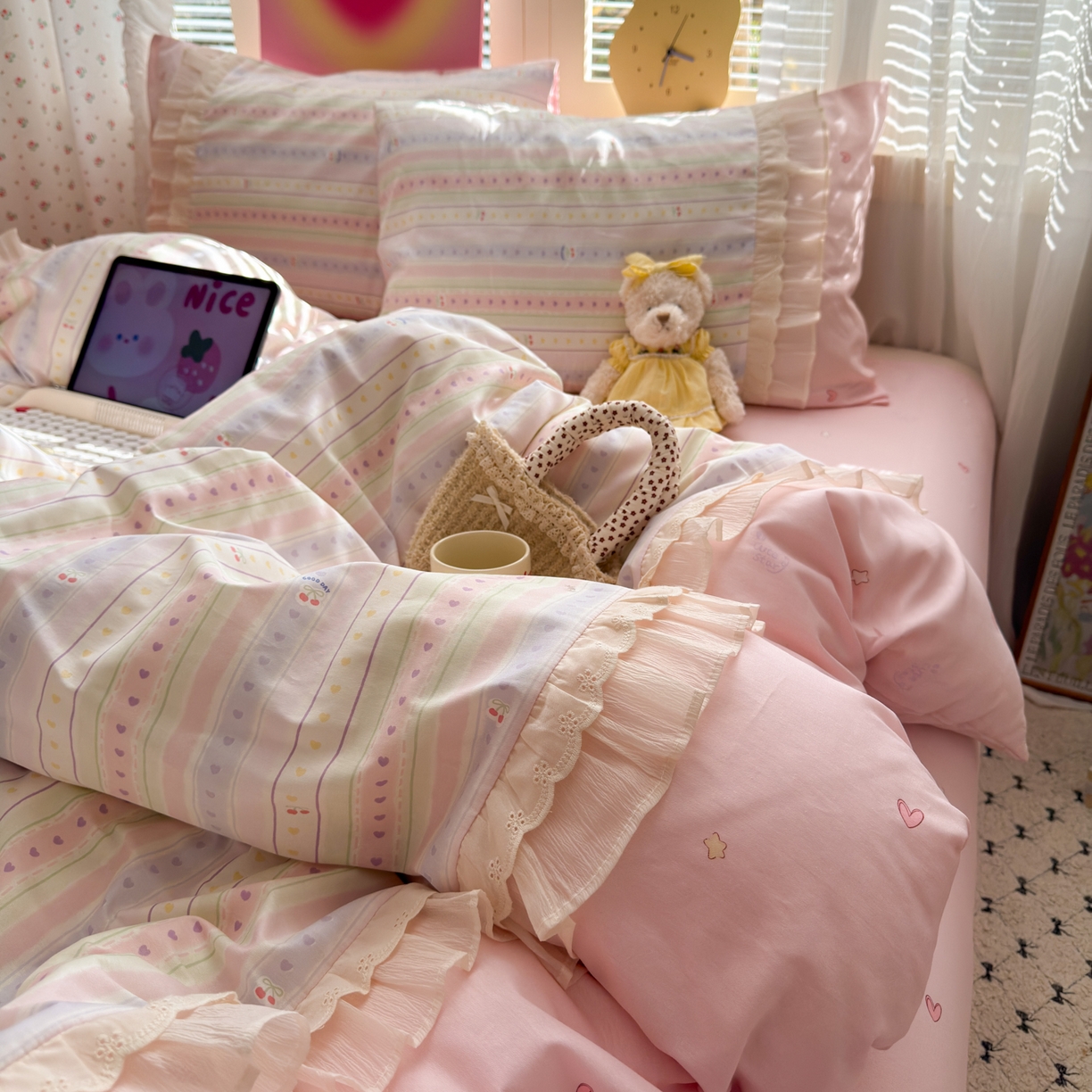 91家纺网 家纺一手货源 找家纺 （总）乐童家纺 2026新款全棉纯棉拼接花边小清新工艺款四件套