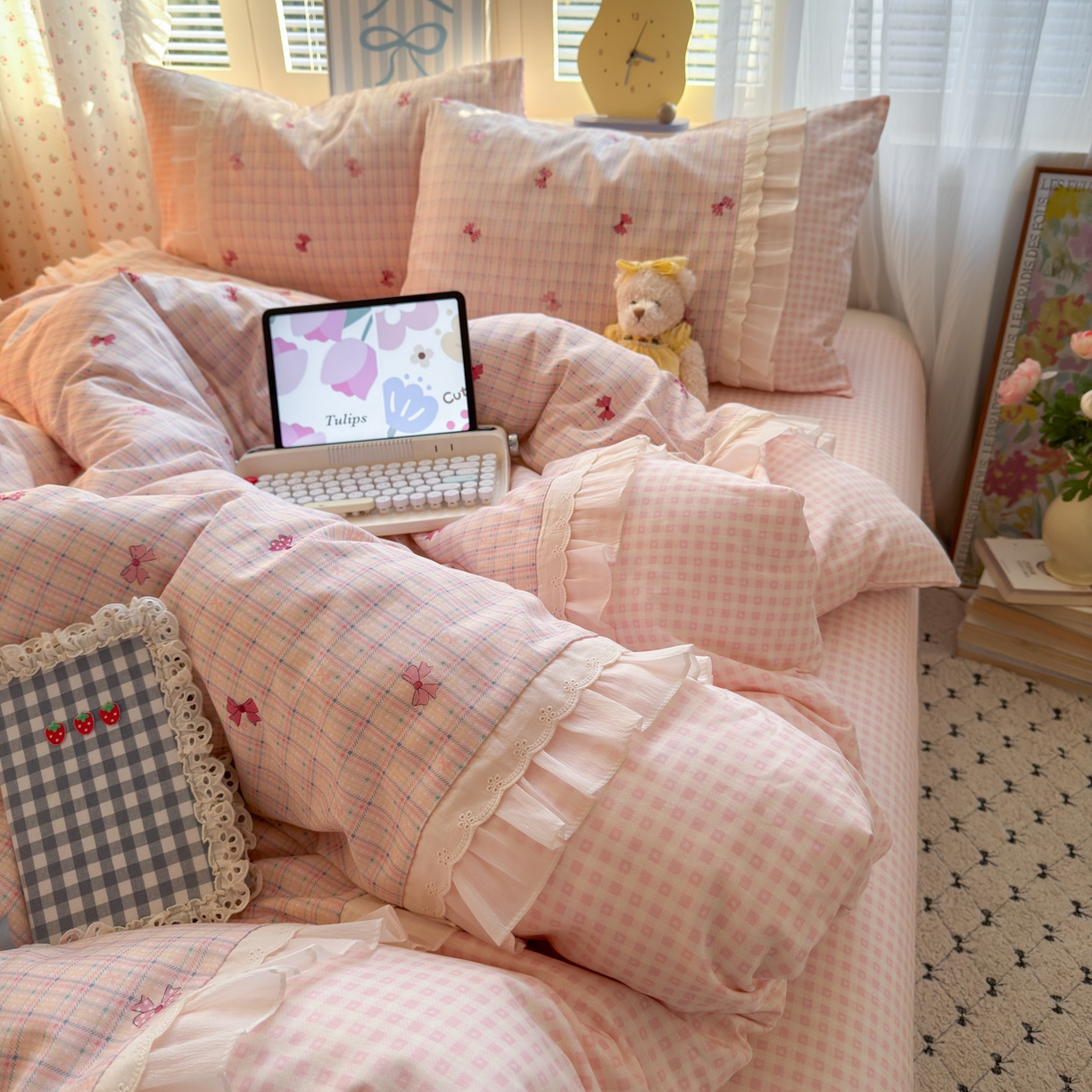 91家纺网 家纺一手货源 找家纺 （总）乐童家纺 2026新款全棉纯棉拼接花边小清新工艺款四件套