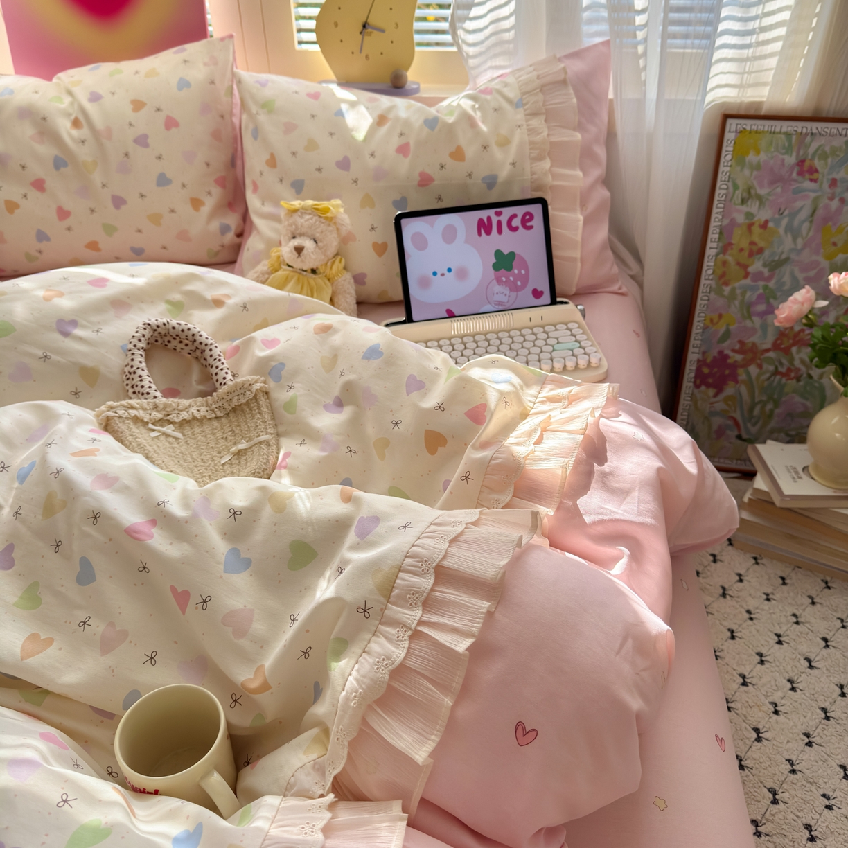 乐童家纺 2026新款全棉纯棉拼接花边小清新工艺款四件套 心跳瞬间