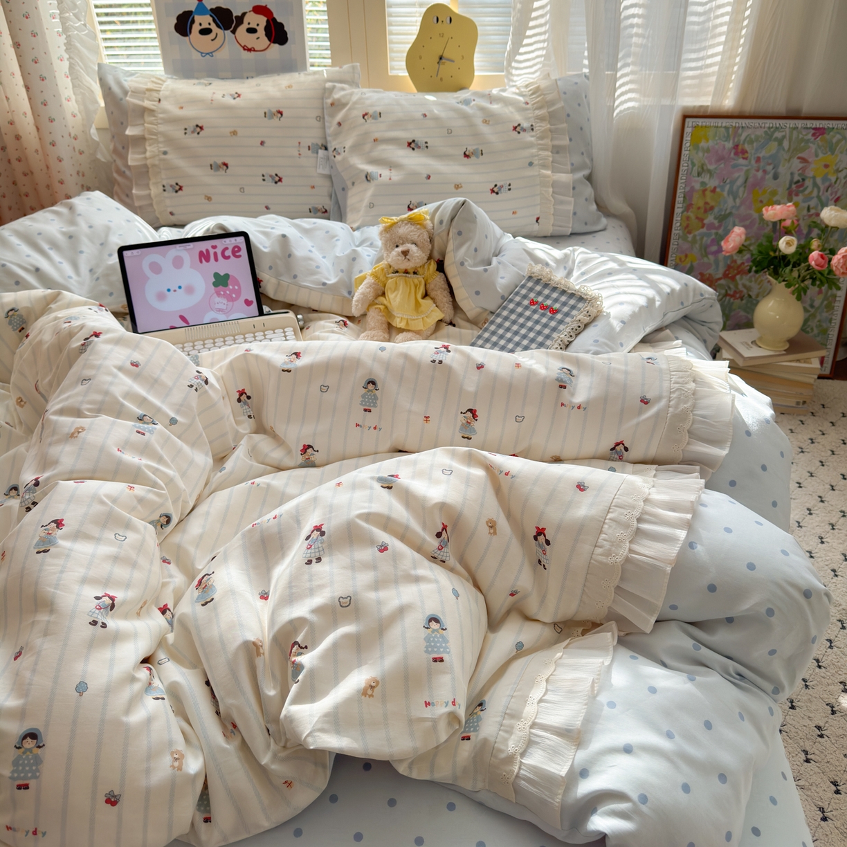 91家纺网 家纺一手货源 找家纺 乐童家纺 2026新款全棉纯棉拼接花边小清新工艺款四件套 少女日记