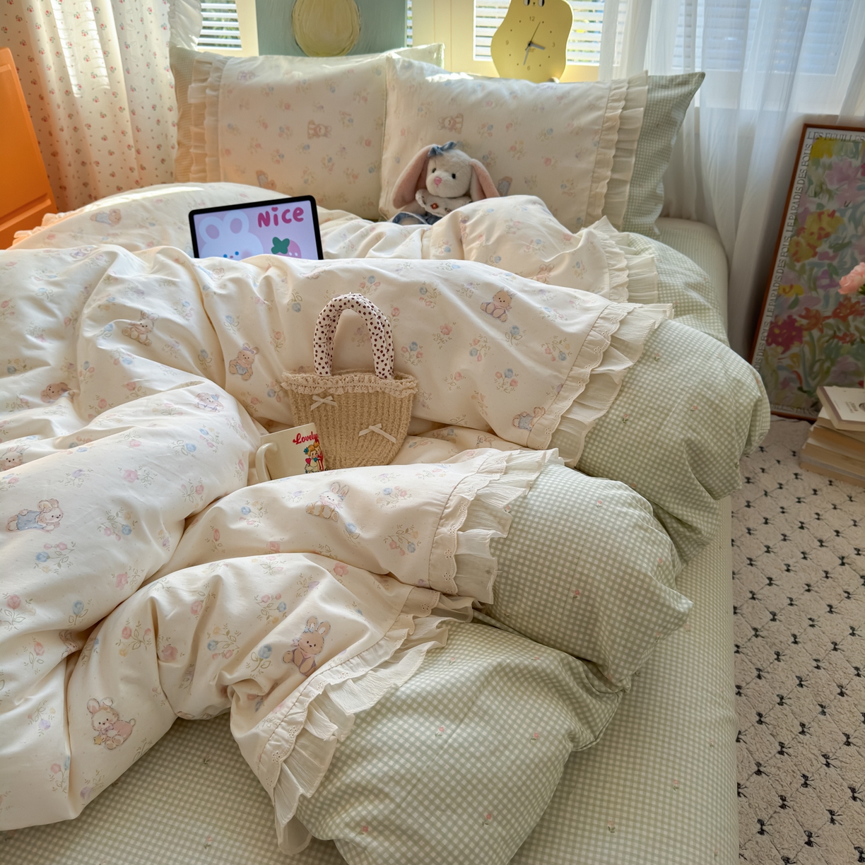 91家纺网 家纺一手货源 找家纺 乐童家纺 2026新款全棉纯棉拼接花边小清新工艺款四件套 浪花轻歌
