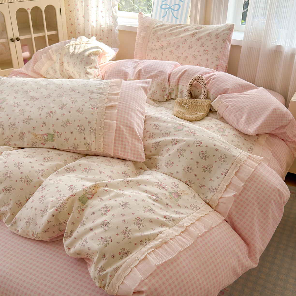 91家纺网 家纺一手货源 找家纺 乐童家纺 2026新款全棉纯棉拼接花边小清新工艺款四件套 花田兔兔