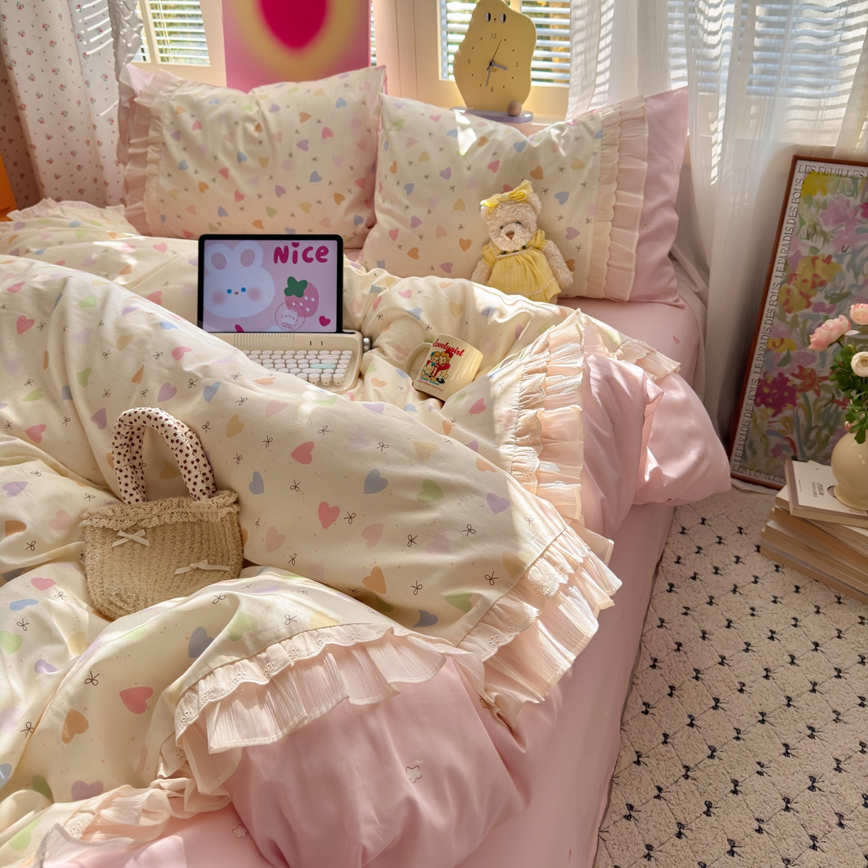 91家纺网 家纺一手货源 找家纺 乐童家纺 2026新款全棉纯棉拼接花边小清新工艺款四件套 心跳瞬间