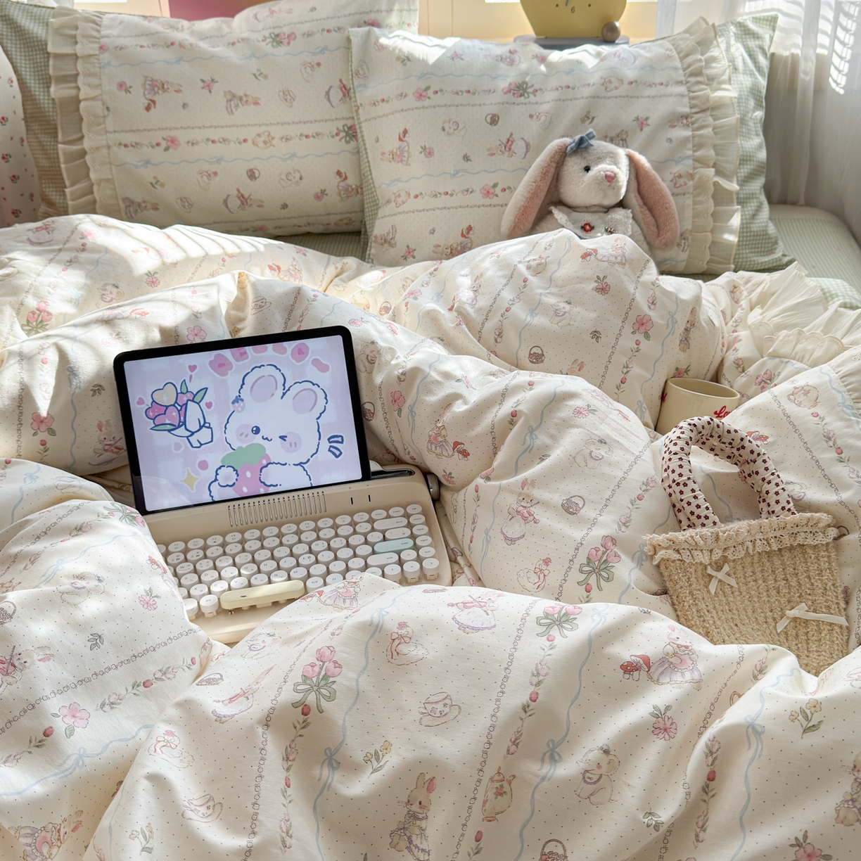 91家纺网 家纺一手货源 找家纺 乐童家纺 2026新款全棉纯棉拼接花边小清新工艺款四件套 春日小兔