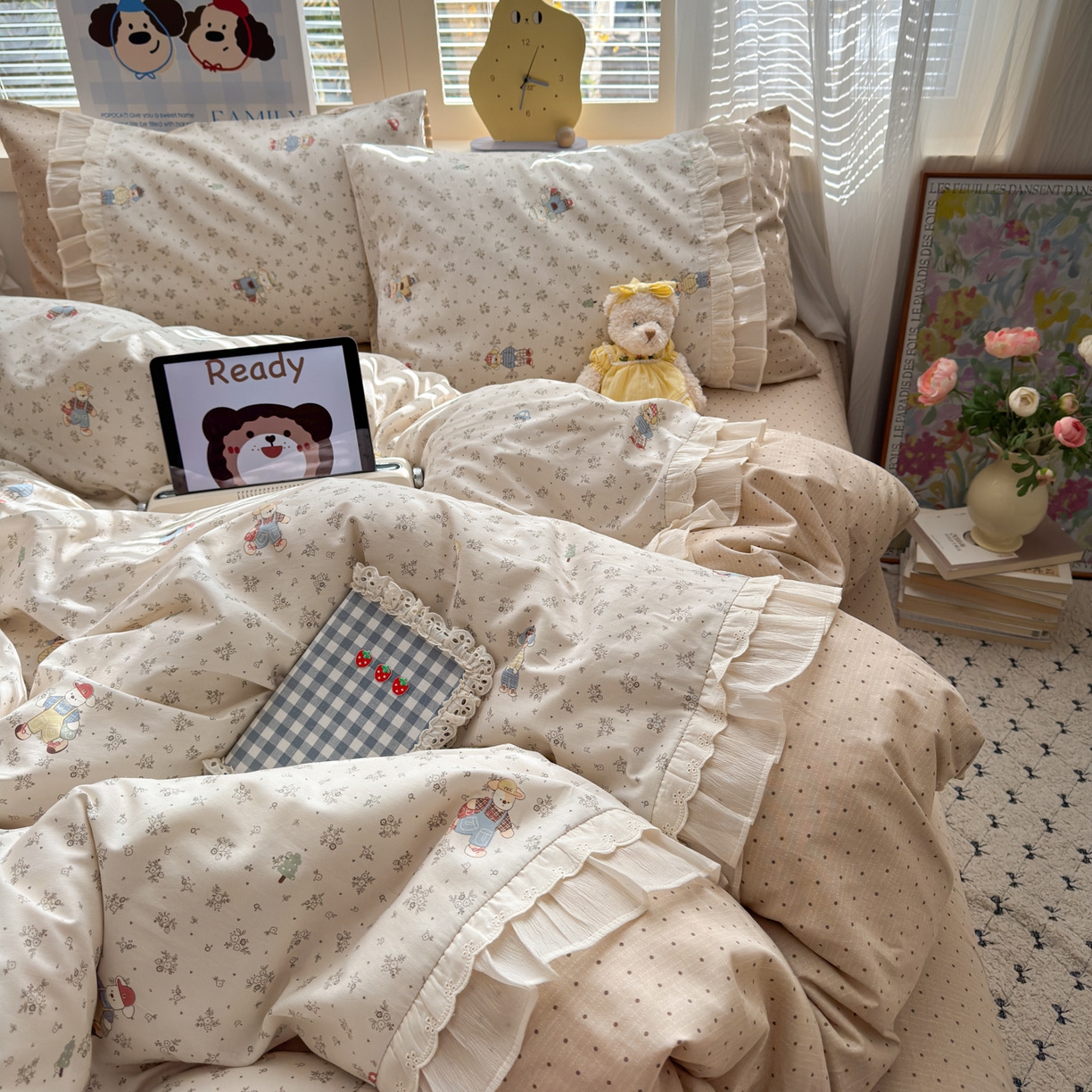 91家纺网 家纺一手货源 找家纺 乐童家纺 2026新款全棉纯棉拼接花边小清新工艺款四件套 口袋故事