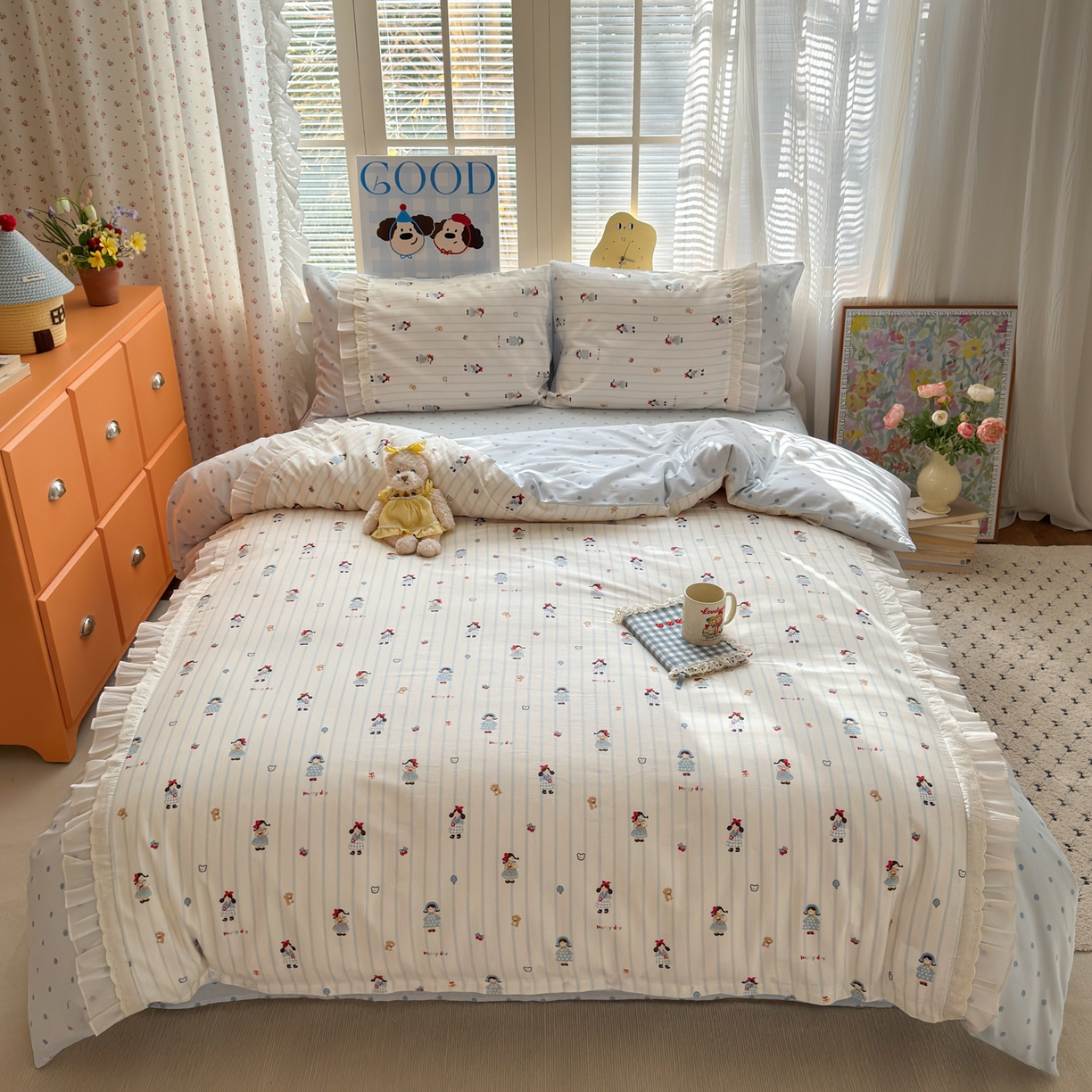 91家纺网 家纺一手货源 找家纺 乐童家纺 2026新款全棉纯棉拼接花边小清新工艺款四件套 少女日记