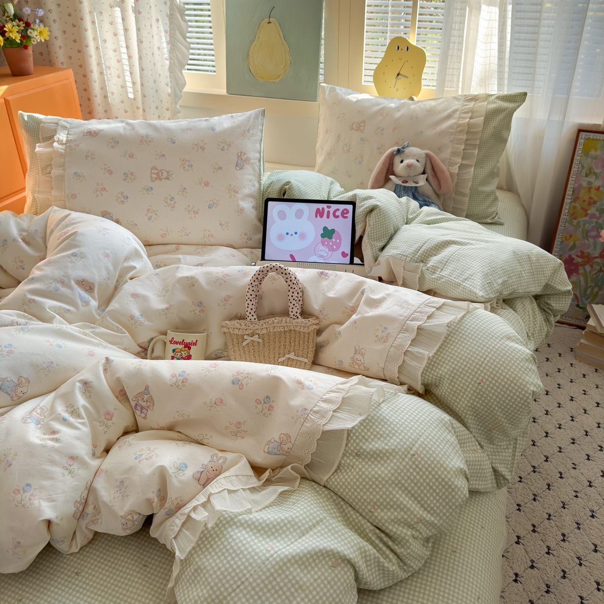 91家纺网 家纺一手货源 找家纺 乐童家纺 2026新款全棉纯棉拼接花边小清新工艺款四件套 浪花轻歌