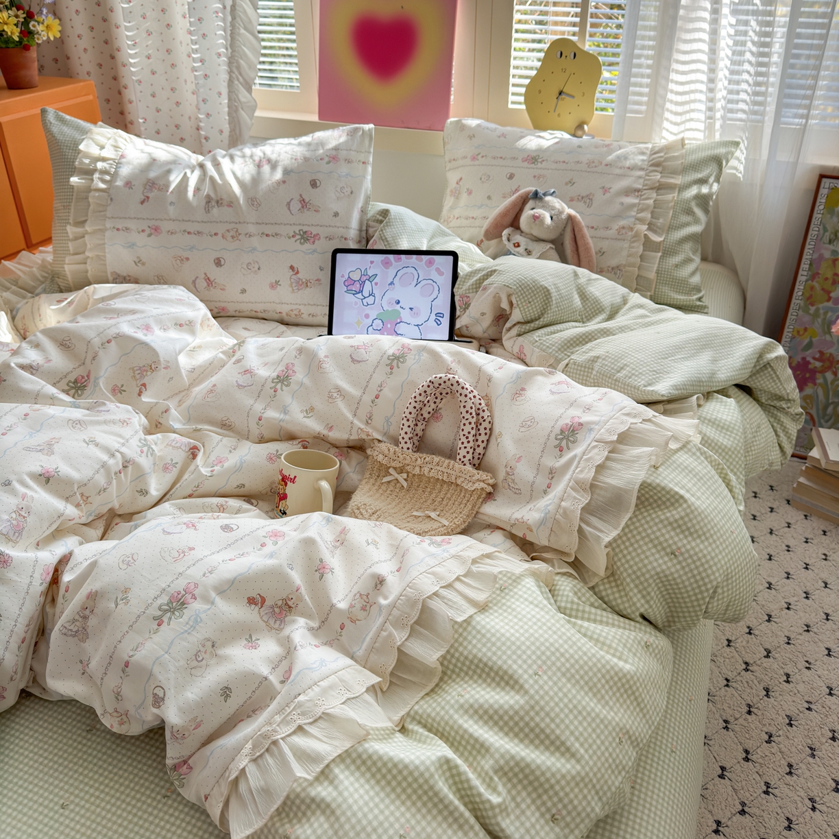 91家纺网 家纺一手货源 找家纺 乐童家纺 2026新款全棉纯棉拼接花边小清新工艺款四件套 春日小兔