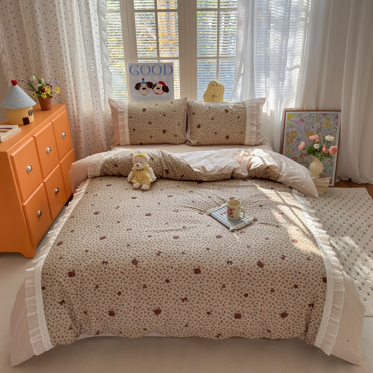 91家纺网 家纺一手货源 找家纺 乐童家纺 2026新款全棉纯棉拼接花边小清新工艺款四件套 千禧少女咖