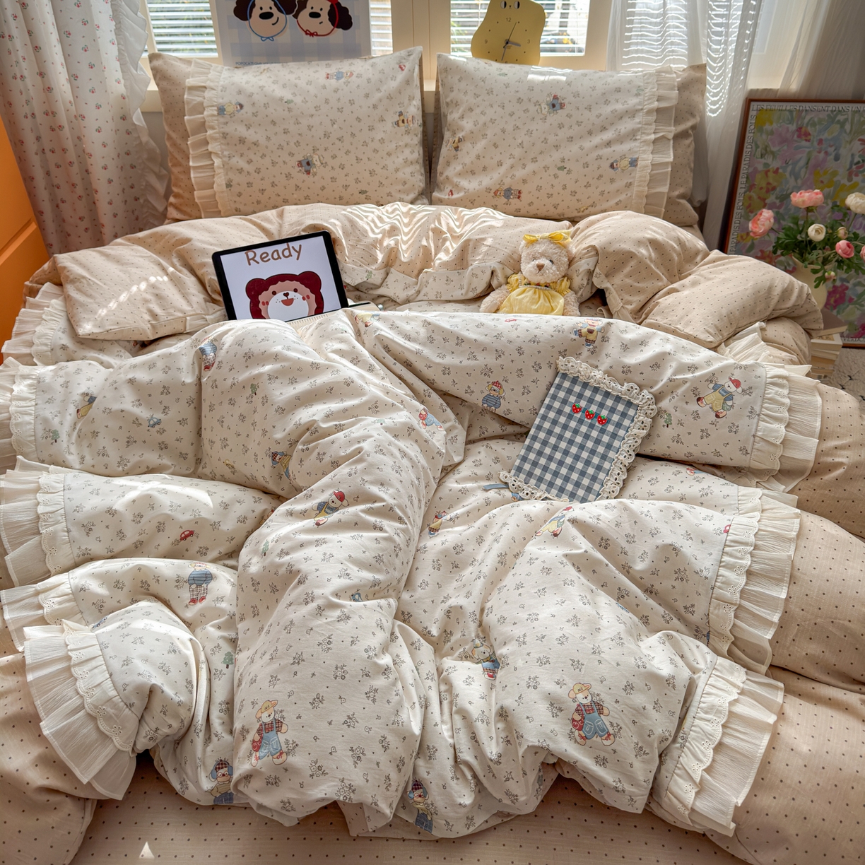 91家纺网 家纺一手货源 找家纺 乐童家纺 2026新款全棉纯棉拼接花边小清新工艺款四件套 口袋故事