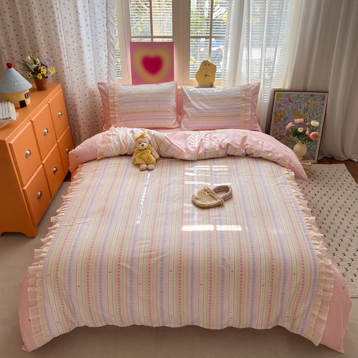 91家纺网 家纺一手货源 找家纺 乐童家纺 2026新款全棉纯棉拼接花边小清新工艺款四件套 毛线彩虹