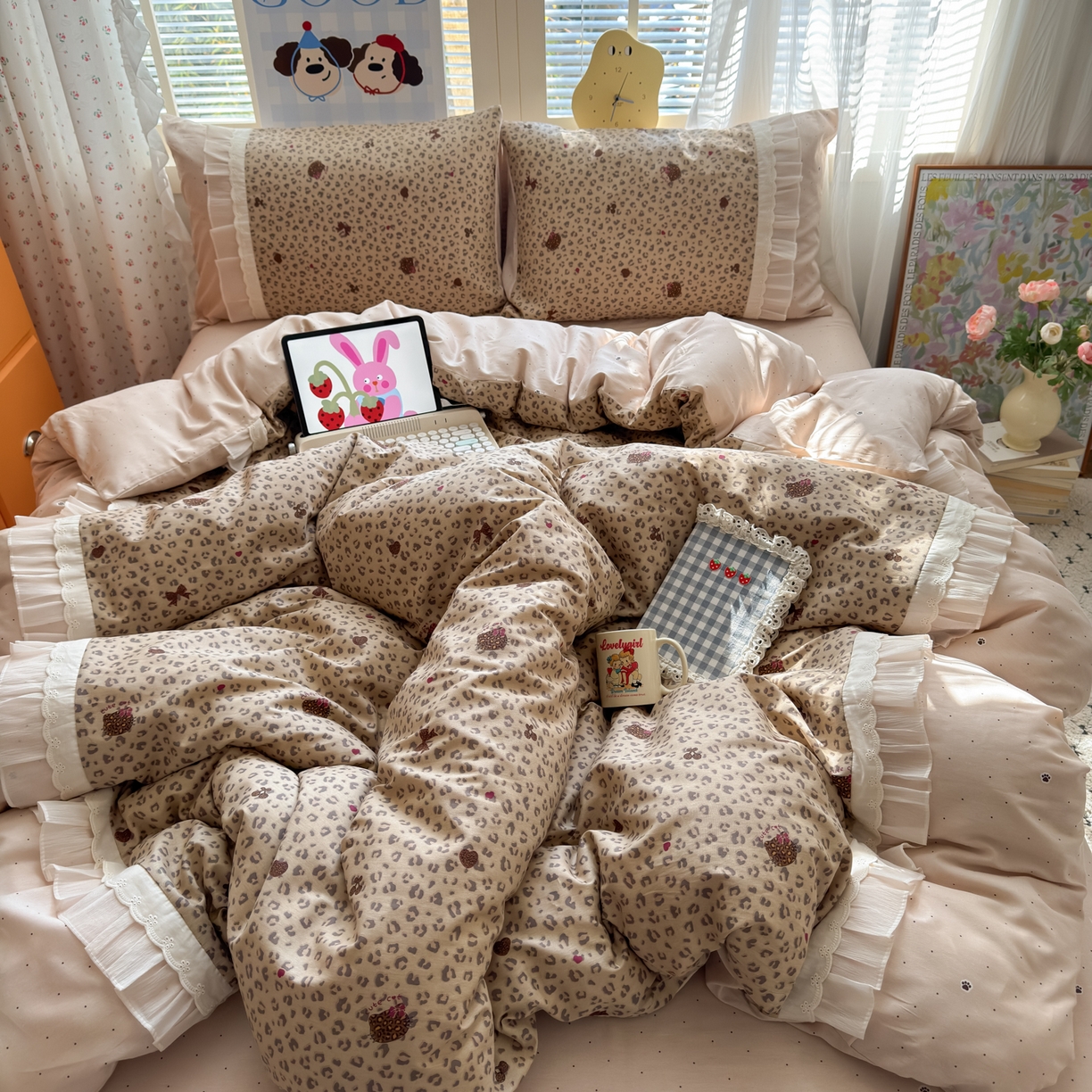 91家纺网 家纺一手货源 找家纺 乐童家纺 2026新款全棉纯棉拼接花边小清新工艺款四件套 千禧少女咖