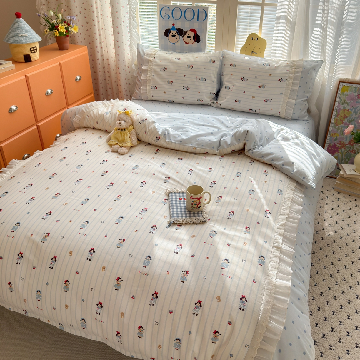 91家纺网 家纺一手货源 找家纺 乐童家纺 2026新款全棉纯棉拼接花边小清新工艺款四件套 少女日记