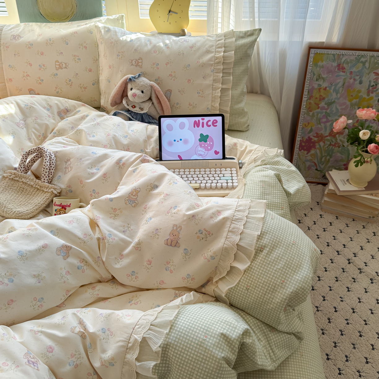 91家纺网 家纺一手货源 找家纺 乐童家纺 2026新款全棉纯棉拼接花边小清新工艺款四件套 浪花轻歌