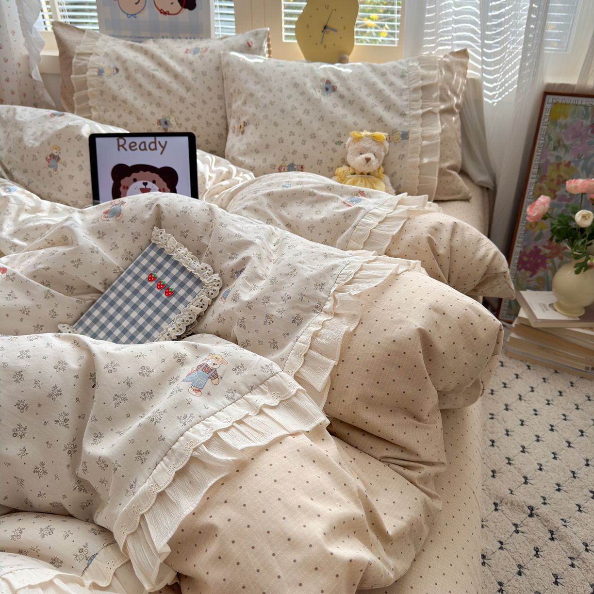 91家纺网 家纺一手货源 找家纺 乐童家纺 2026新款全棉纯棉拼接花边小清新工艺款四件套 口袋故事