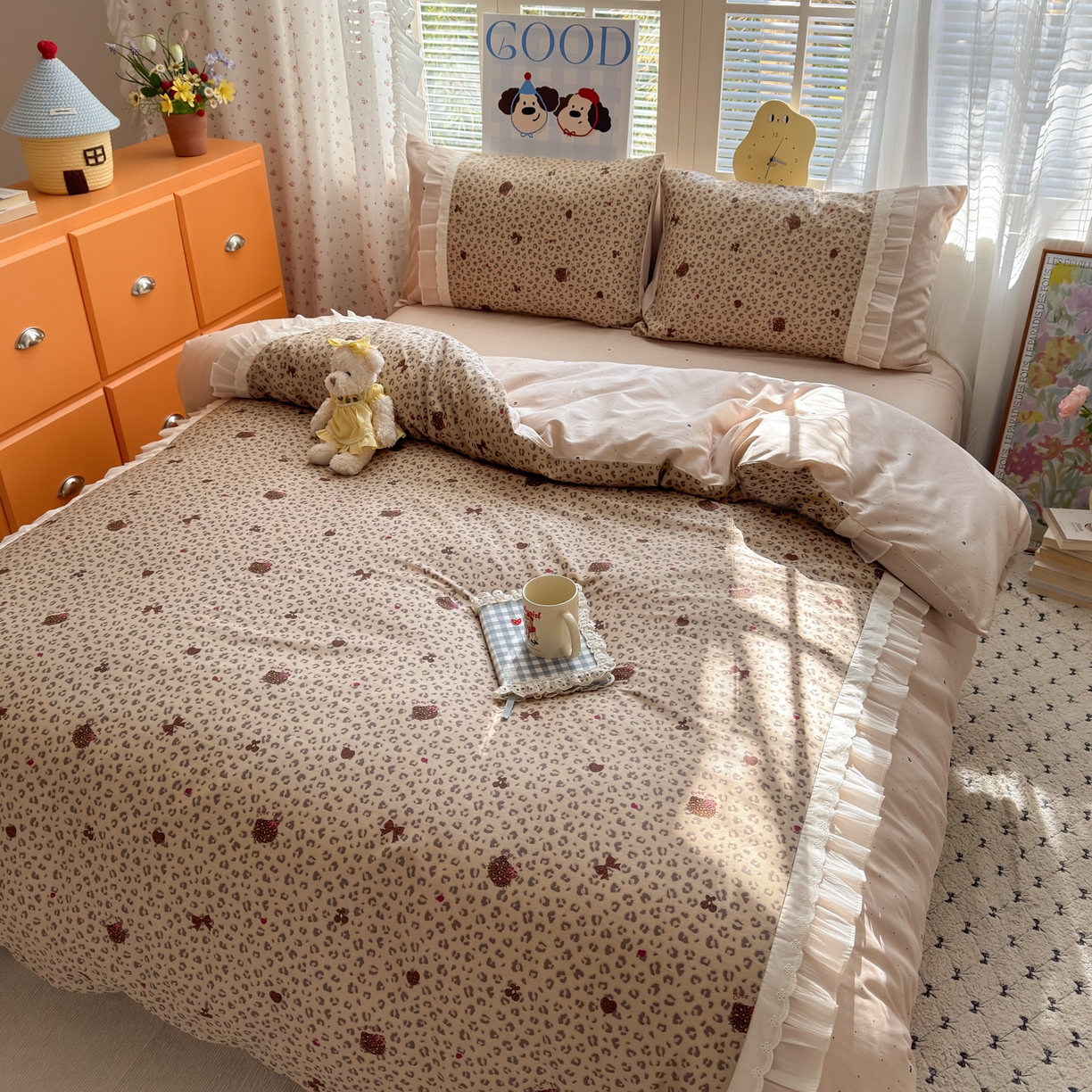 91家纺网 家纺一手货源 找家纺 乐童家纺 2026新款全棉纯棉拼接花边小清新工艺款四件套 千禧少女咖