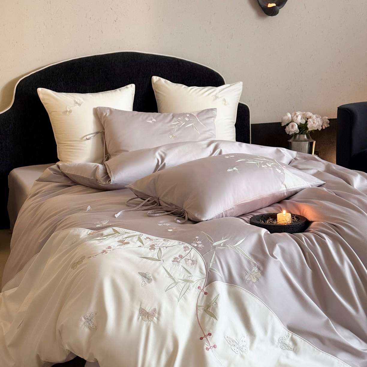 91家纺网 家纺一手货源 找家纺 （总）鹿班家居 2026新款100S长绒棉纯棉精密刺绣系列四件套-花影摇曳(标准会员-20元)