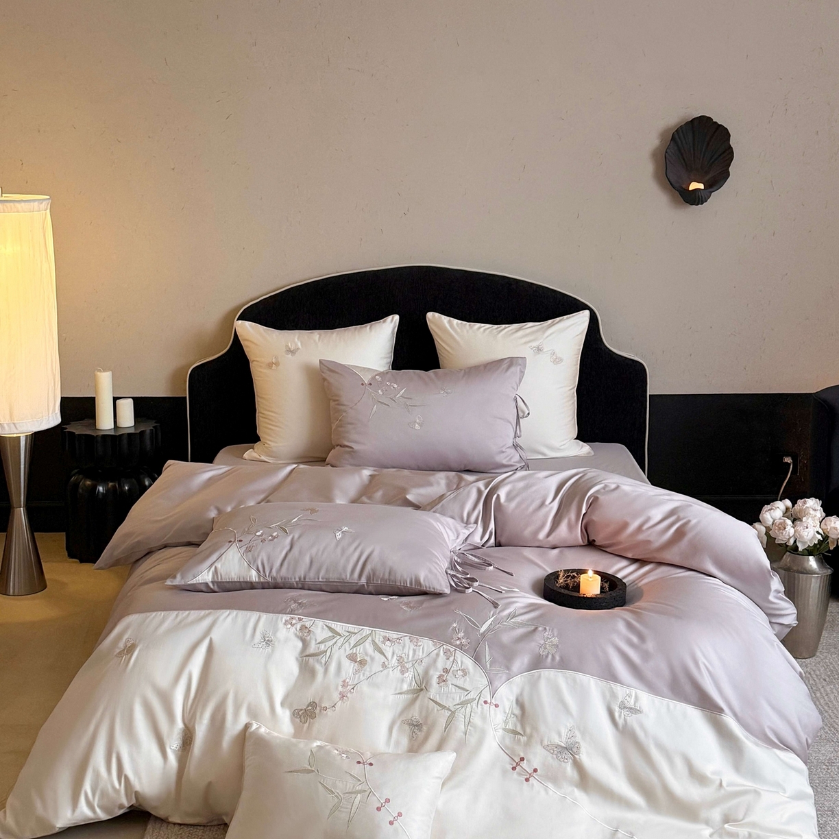 91家纺网 家纺一手货源 找家纺 （总）鹿班家居 2026新款100S长绒棉纯棉精密刺绣系列四件套-花影摇曳(标准会员-20元)