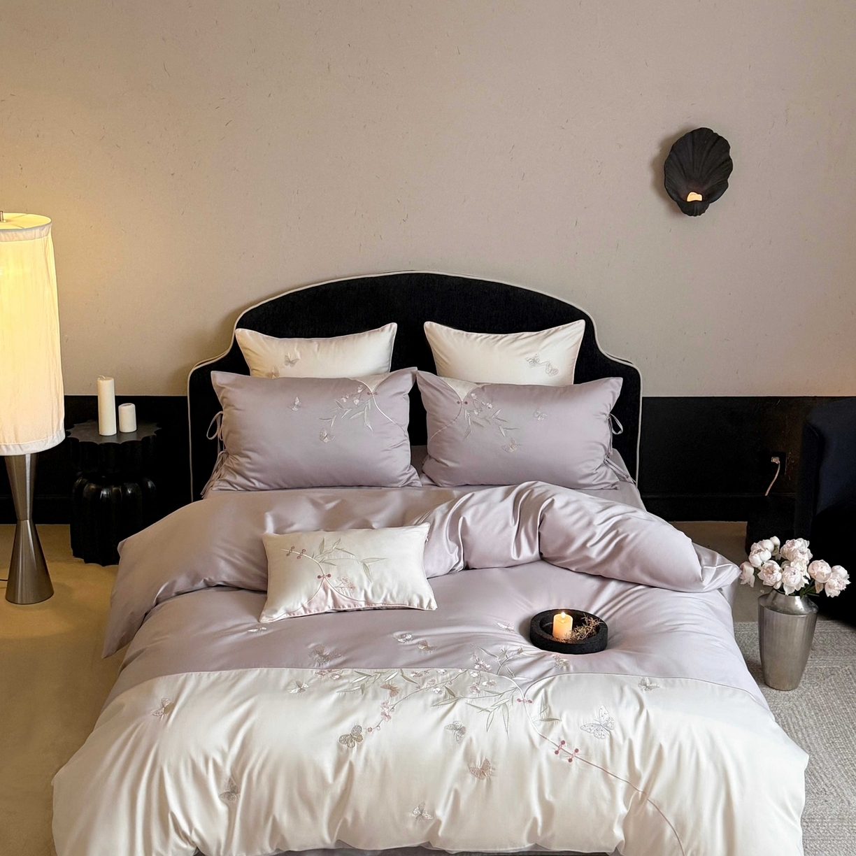 91家纺网 家纺一手货源 找家纺 鹿班家居 2026新款100S长绒棉纯棉精密刺绣系列四件套-花影摇曳 花影摇曳-紫色(标准会员-20元)