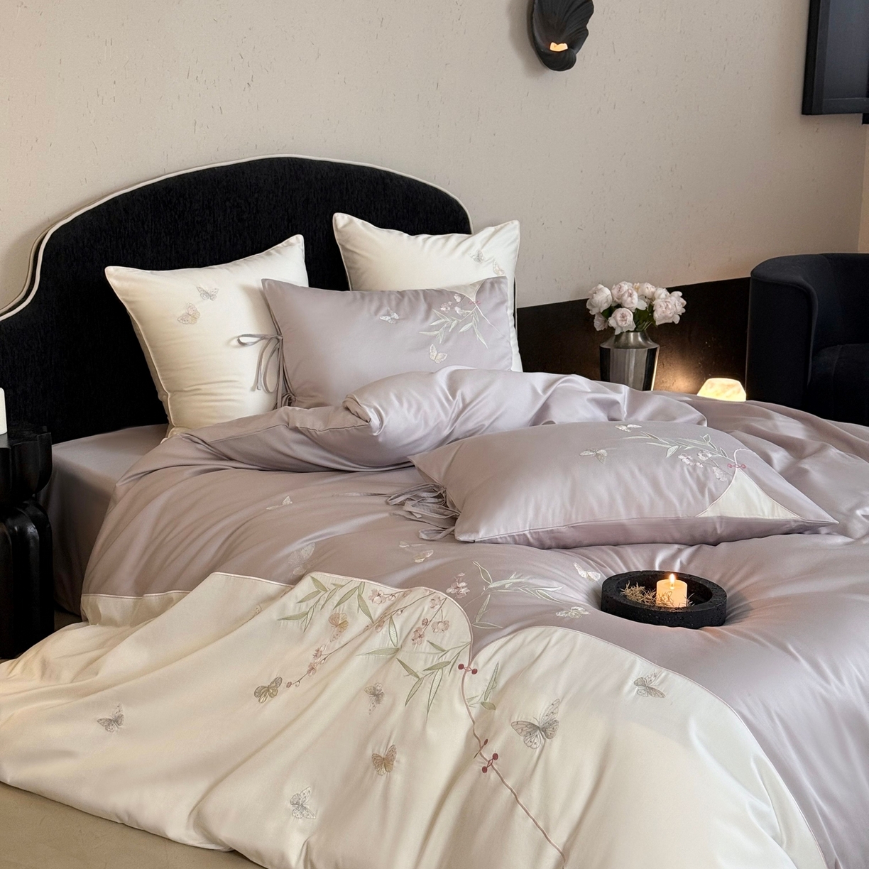 91家纺网 家纺一手货源 找家纺 鹿班家居 2026新款100S长绒棉纯棉精密刺绣系列四件套-花影摇曳 花影摇曳-紫色(标准会员-20元)