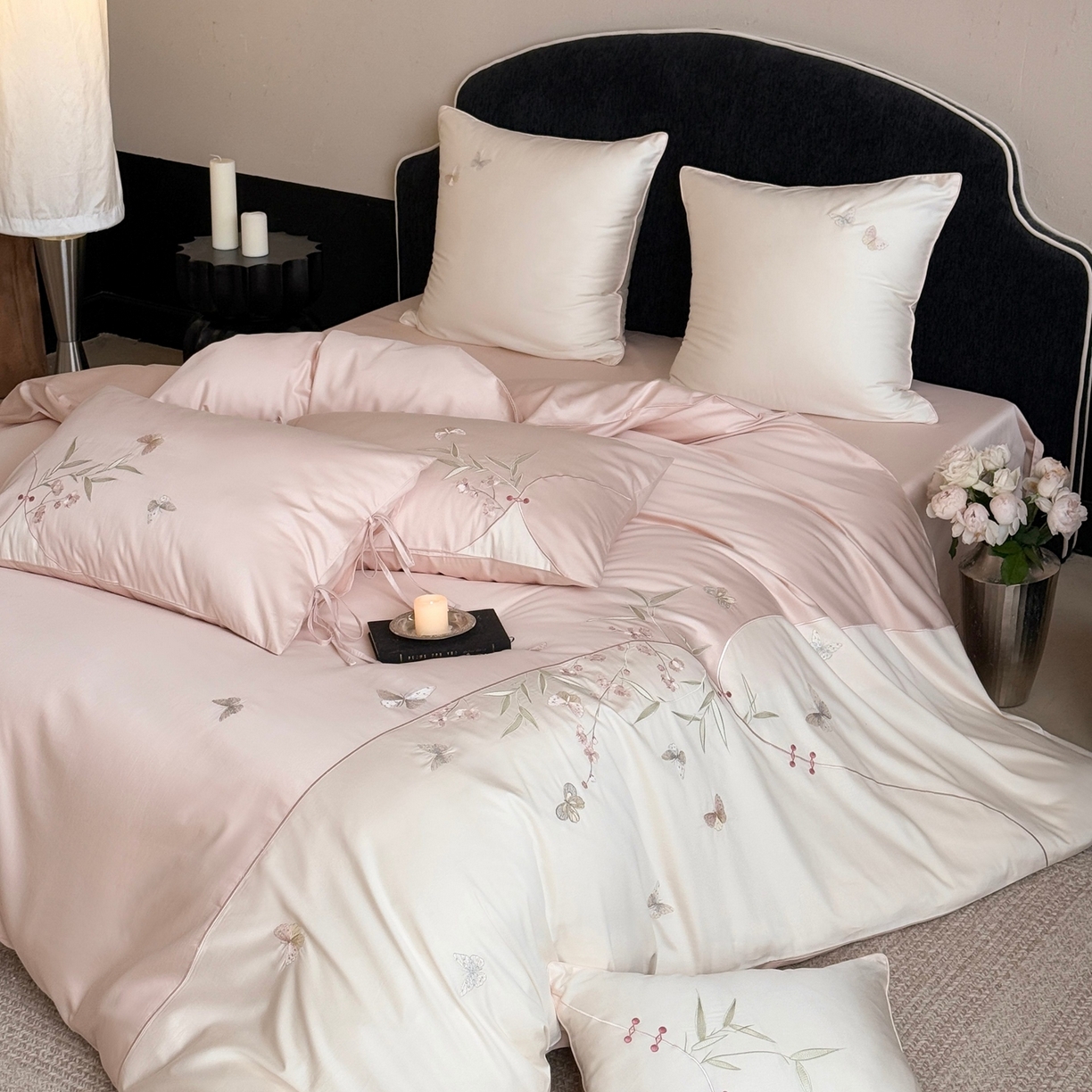 91家纺网 家纺一手货源 找家纺 鹿班家居 2026新款100S长绒棉纯棉精密刺绣系列四件套-花影摇曳 花影摇曳-粉色(标准会员-20元)