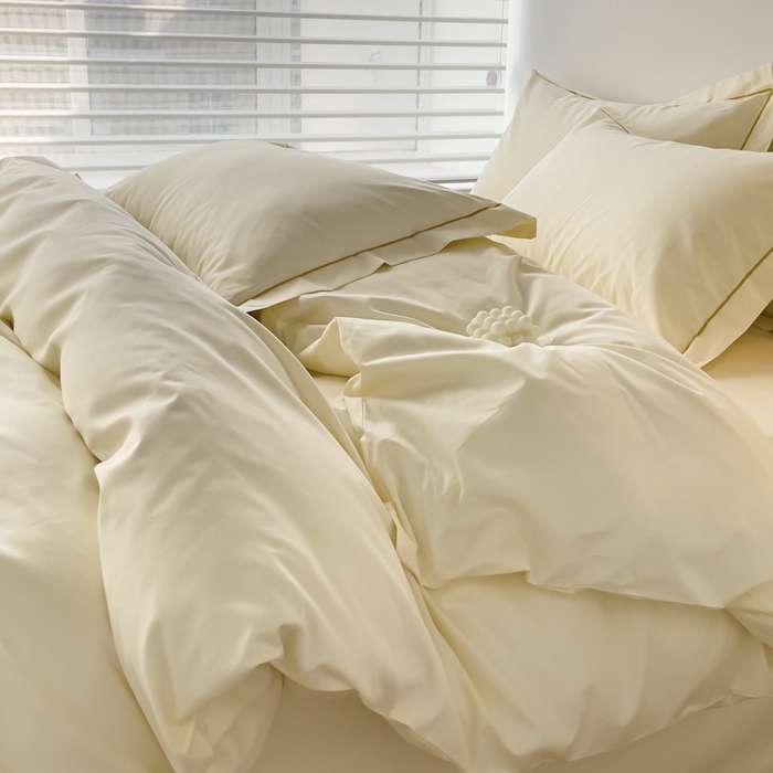 91家纺网 家纺一手货源 找家纺 锦彩家居 2026新款40支正宗13372双拼纯色全棉四件套酒店宾馆民宿学生三件套（可定制）标准号的床单是圆角吊边；小号和加大的床单都是直角 奶昔白