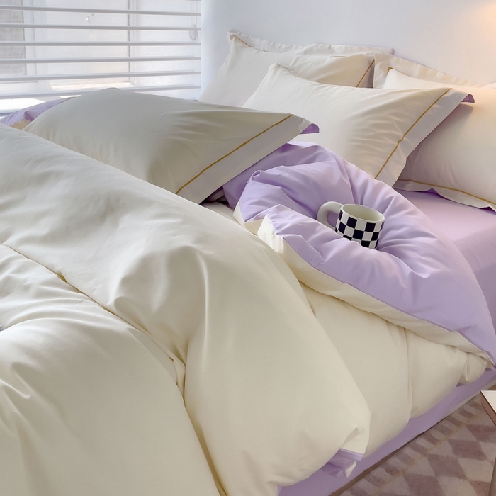 锦彩家居 2026新款40支正宗13372双拼纯色全棉四件套酒店宾馆民宿学生三件套（可定制）标准号的床单是圆角吊边；小号和加大的床单都是直角 奶昔白-浅紫