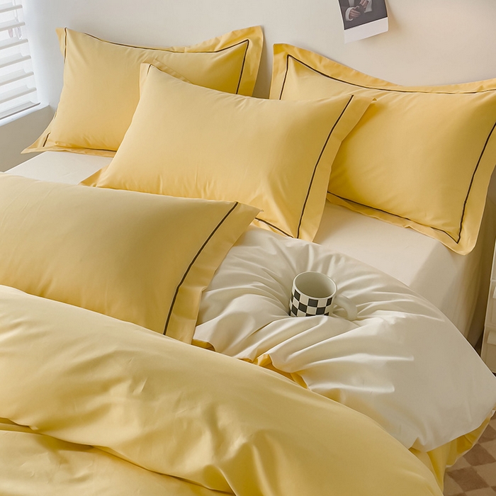 91家纺网 家纺一手货源 找家纺 锦彩家居 2026新款40支正宗13372双拼纯色全棉四件套酒店宾馆民宿学生三件套（可定制）标准号的床单是圆角吊边；小号和加大的床单都是直角 初黄-奶昔白