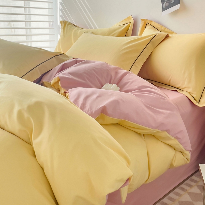91家纺网 家纺一手货源 找家纺 锦彩家居 2026新款40支正宗13372双拼纯色全棉四件套酒店宾馆民宿学生三件套（可定制）标准号的床单是圆角吊边；小号和加大的床单都是直角 初黄-浅豆沙