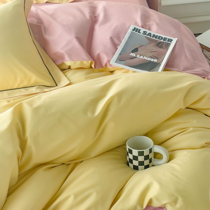 91家纺网 家纺一手货源 找家纺 锦彩家居 2026新款40支正宗13372双拼纯色全棉四件套酒店宾馆民宿学生三件套（可定制）标准号的床单是圆角吊边；小号和加大的床单都是直角 初黄-浅豆沙