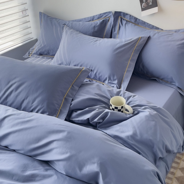 91家纺网 家纺一手货源 找家纺 锦彩家居 2026新款40支正宗13372双拼纯色全棉四件套酒店宾馆民宿学生三件套（可定制）标准号的床单是圆角吊边；小号和加大的床单都是直角 宾利蓝