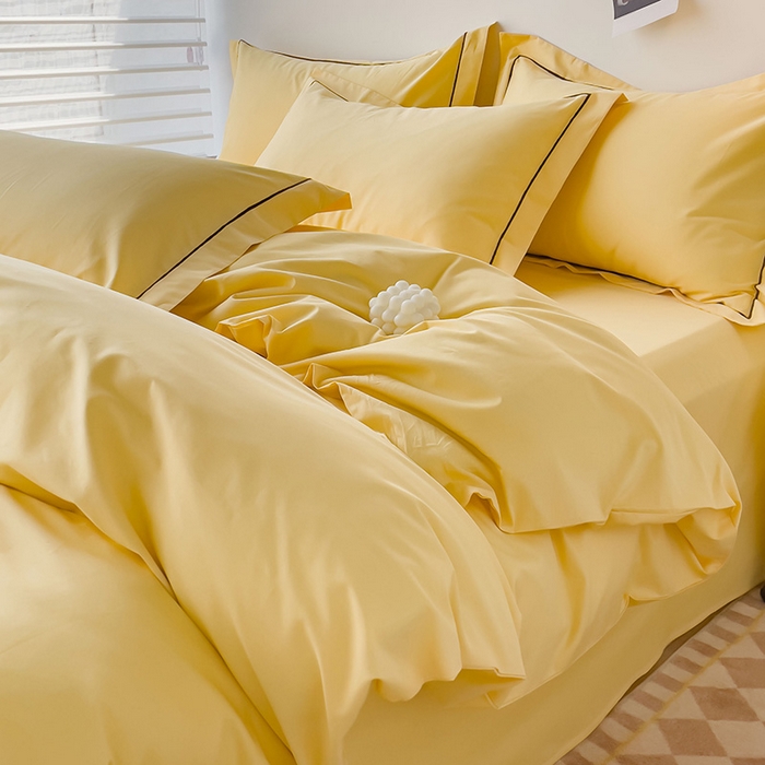 锦彩家居 2026新款40支正宗13372双拼纯色全棉四件套酒店宾馆民宿学生三件套（可定制）标准号的床单是圆角吊边；小号和加大的床单都是直角 初黄
