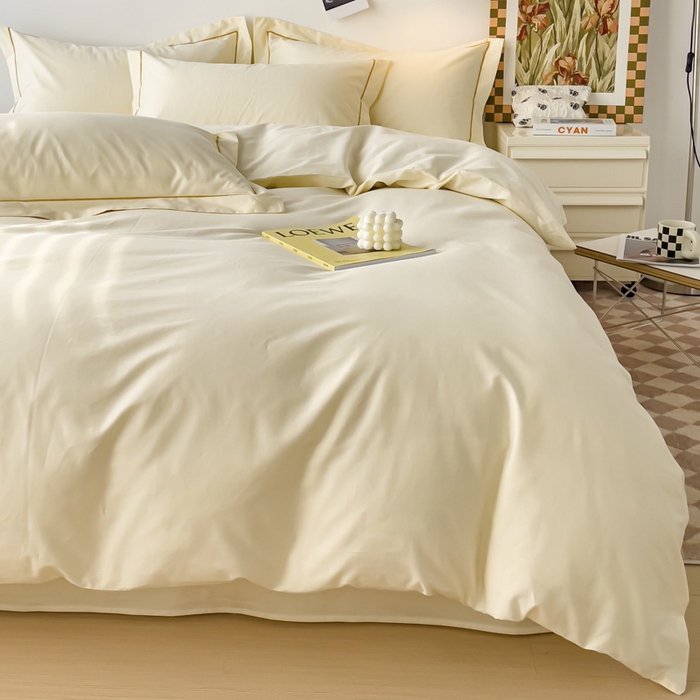 91家纺网 家纺一手货源 找家纺 锦彩家居 2026新款40支正宗13372双拼纯色全棉四件套酒店宾馆民宿学生三件套（可定制）标准号的床单是圆角吊边；小号和加大的床单都是直角 奶昔白