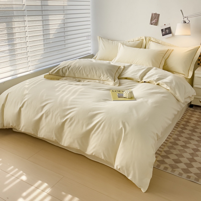 91家纺网 家纺一手货源 找家纺 锦彩家居 2026新款40支正宗13372双拼纯色全棉四件套酒店宾馆民宿学生三件套（可定制）标准号的床单是圆角吊边；小号和加大的床单都是直角 奶昔白