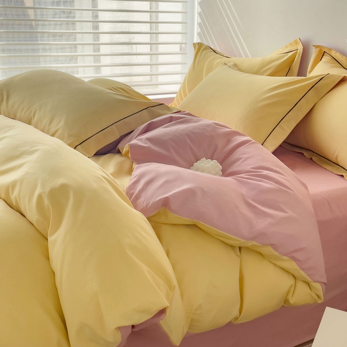 锦彩家居 2026新款40支正宗13372双拼纯色全棉四件套酒店宾馆民宿学生三件套（可定制）标准号的床单是圆角吊边；小号和加大的床单都是直角 初黄-浅豆沙
