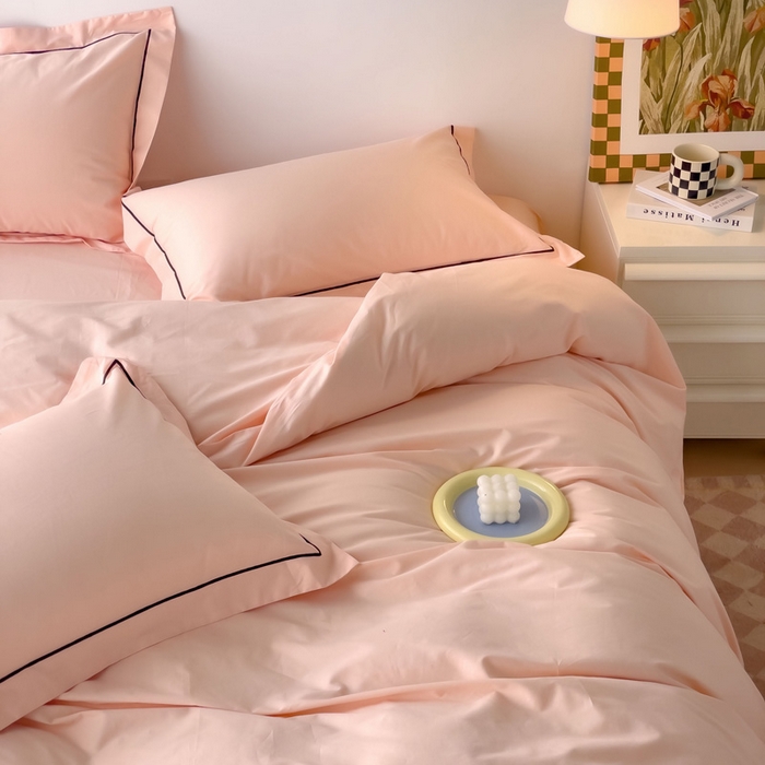 91家纺网 家纺一手货源 找家纺 锦彩家居 2026新款40支正宗13372双拼纯色全棉四件套酒店宾馆民宿学生三件套（可定制）标准号的床单是圆角吊边；小号和加大的床单都是直角 蜜桃粉