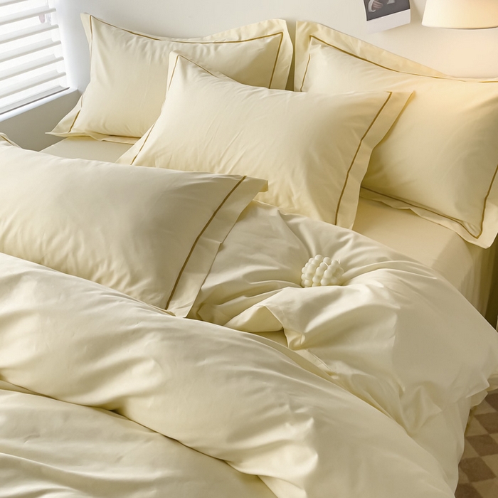 91家纺网 家纺一手货源 找家纺 锦彩家居 2026新款40支正宗13372双拼纯色全棉四件套酒店宾馆民宿学生三件套（可定制）标准号的床单是圆角吊边；小号和加大的床单都是直角 奶昔白