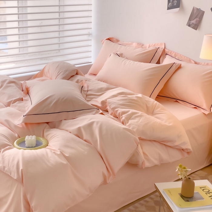 91家纺网 家纺一手货源 找家纺 锦彩家居 2026新款40支正宗13372双拼纯色全棉四件套酒店宾馆民宿学生三件套（可定制）标准号的床单是圆角吊边；小号和加大的床单都是直角 蜜桃粉