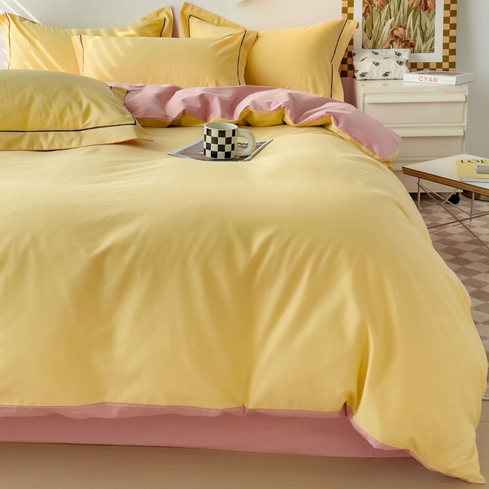 91家纺网 家纺一手货源 找家纺 锦彩家居 2026新款40支正宗13372双拼纯色全棉四件套酒店宾馆民宿学生三件套（可定制）标准号的床单是圆角吊边；小号和加大的床单都是直角 初黄-浅豆沙